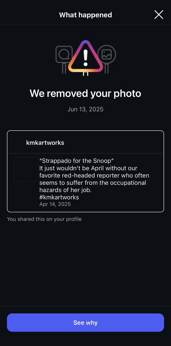 My first post removal. It’s like a right of passage I guess lol! Stay classy, Instagram.