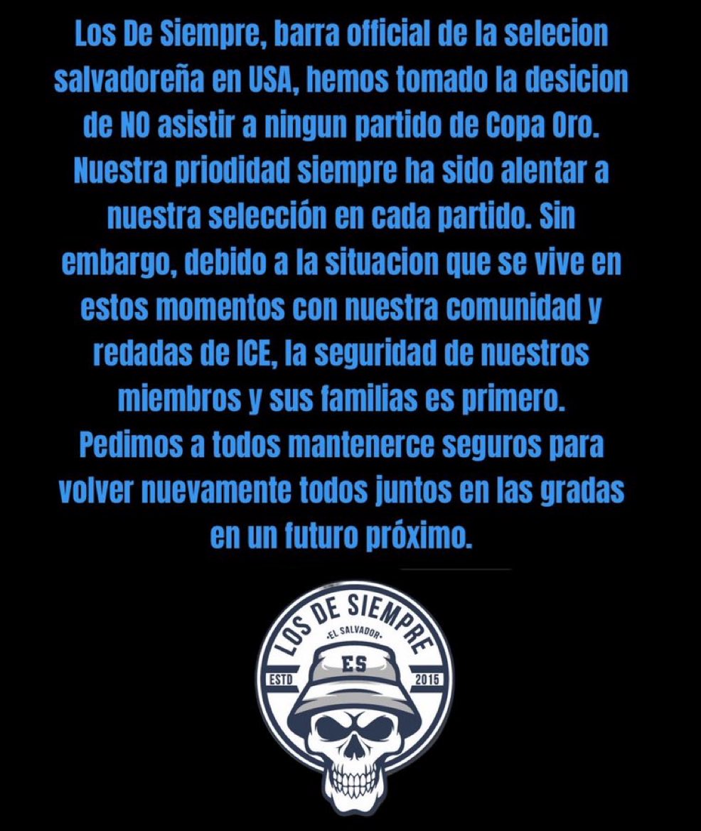 The official Salvadoran-American supporters group, Los De Siempre, will NOT attend any Gold Cup match this summer in order to protect their fanbase and families from ICE raids.

Congrats America. You elect a white supremacist dictator as president, this is what you get 👏🏻