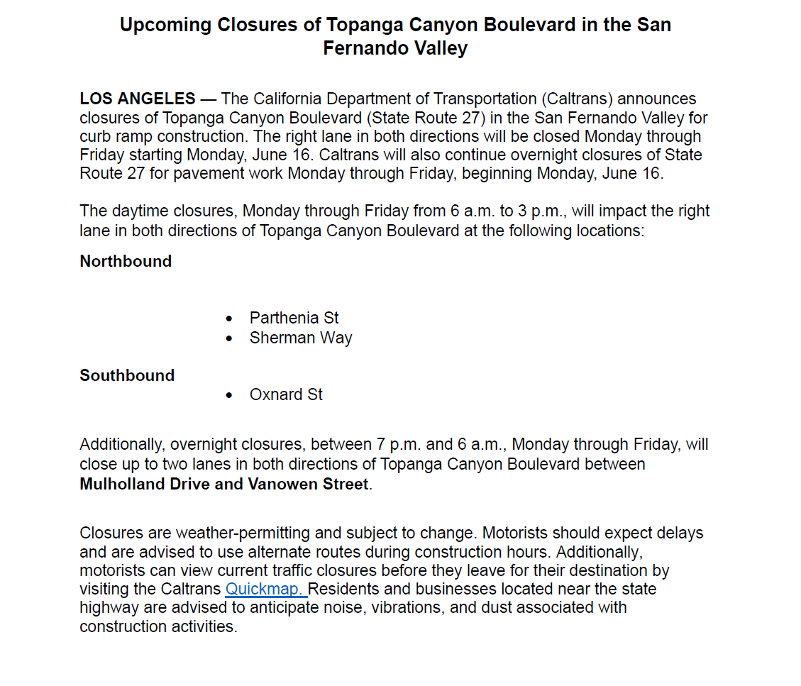CaltransDist7's tweet photo. ❗️Heads up, San Fernando Valley drivers❗️
@CaltransDist7 will continue lane closures on Topanga Canyon Blvd (SR-27) from Mon 6/16 to Fri 6/20, 6AM–3PM.
🚧 All lanes reopen after 3 pm
🌙 Overnight paving closures also start Mon 6/16, 7 pm–6 am.
 More info 👇 https://t.co/c846NpUn96
