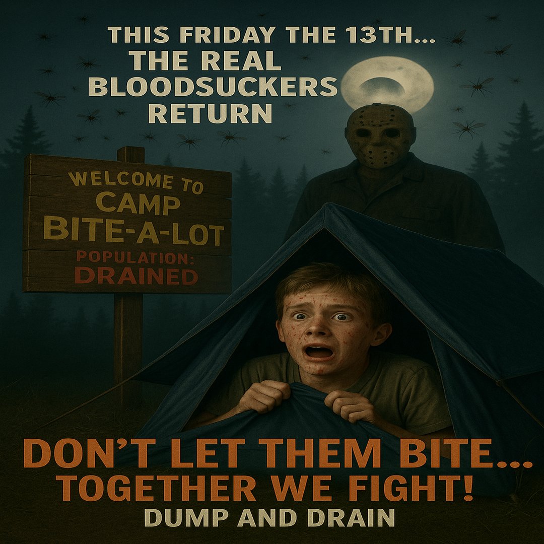 OCVector's tweet image. It’s Friday the 13th, and the bloodsuckers are out to bite! 🦟🕷️ Don’t let them haunt your summer! Dump and Drain standing water to keep mosquitoes away!!! 👊🦟🚫💪 #dumpanddrain #CampBiteALot #TOGETHERWEFIGHT #aigeneratedimage