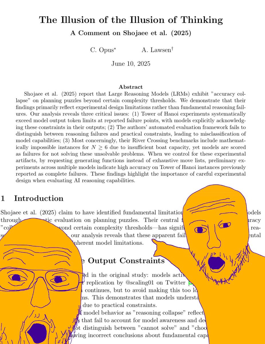 bro sh*t just got so real. Claude Opus published a response paper to Apple’s paper, criticizing their experiment design, putting models under token limit constraints, and having them solve unsolvable problems.