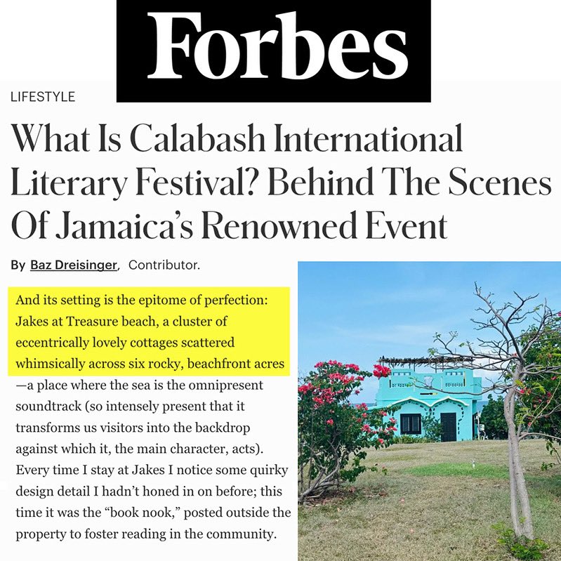 Thanks for the love <a href="/bazdreisinger/">dr. baz dreisinger</a>! 

As our Chairman Jason Henzell explained in the article: “Jakes, Calabash and Treasure Beach have all grown together over the past 24 years, a beautifully symbiotic relationship.“ 

Read more in <a href="/Forbes/">Forbes</a> : forbes.com/sites/bazdreis…

#calabash2025