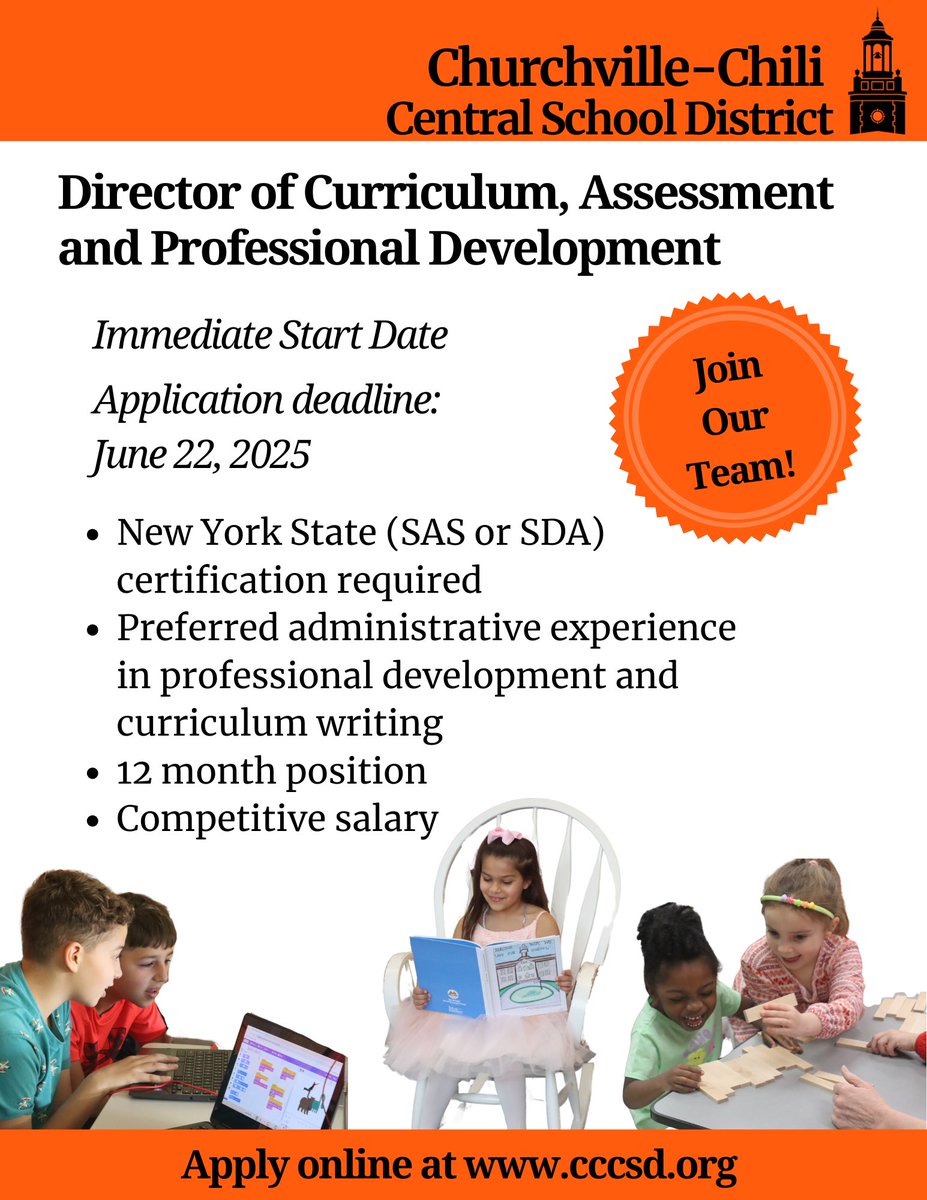 📢 We’re hiring! Churchville-Chili CSD is looking for a Director of Curriculum, Assessment &amp; Professional Development.

✅ NYS SAS or SDA cert
✅ Experience in PD &amp; curriculum
📅 12-month role
💼 Competitive pay
🗓 Apply by June 22

🔗 Apply: cccsd.org