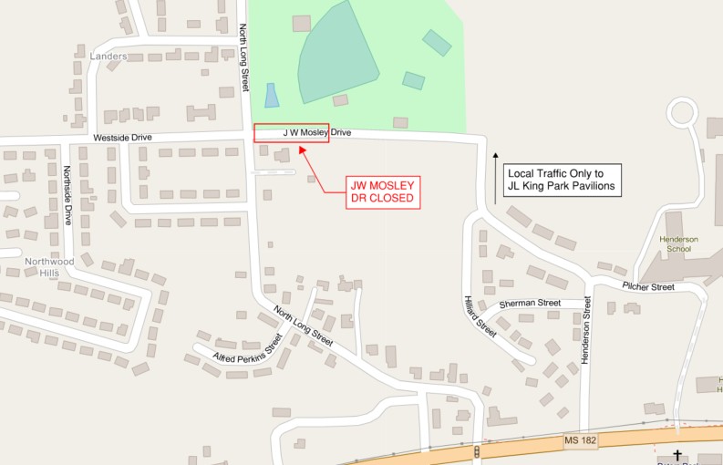 JW Mosley Dr near JL King Park will be closed starting Monday June 16, 2025 through July 15, 2025 for storm drainage improvements.