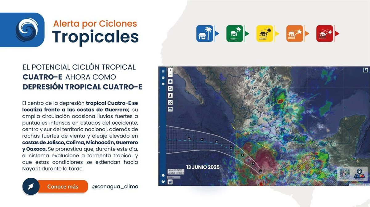IER-UNAM (@ierunam) on Twitter photo 🌀 Alerta por ciclones tropicales
La depresión tropical Cuatro-E, localizada frente a las costas de Guerrero, provocará lluvias intensas 🌧️, rachas fuertes de viento y oleaje elevado 🌊
Se pronostica que hoy el sistema evolucione a tormenta tropical ⚡️
➕ Info: <a href="/conagua_clima/">CONAGUA Clima</a> 🌀 Alerta por ciclones tropicales
La depresión tropical Cuatro-E, localizada frente a las costas de Guerrero, provocará lluvias intensas 🌧️, rachas fuertes de viento y oleaje elevado 🌊
Se pronostica que hoy el sistema evolucione a tormenta tropical ⚡️
➕ Info: <a href="/conagua_clima/">CONAGUA Clima</a>