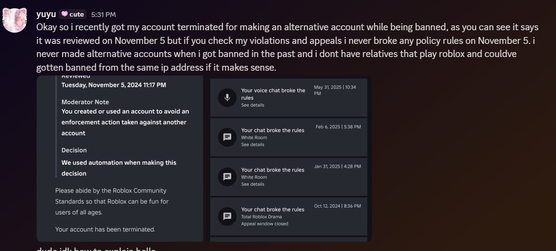 svlareclxpse's tweet image. my friend was wrongfully terminated and @Roblox 's system is refusing her appeals (please read attachments).  this is absolutely fucking stupid. 
#roblox #robloxtermination
