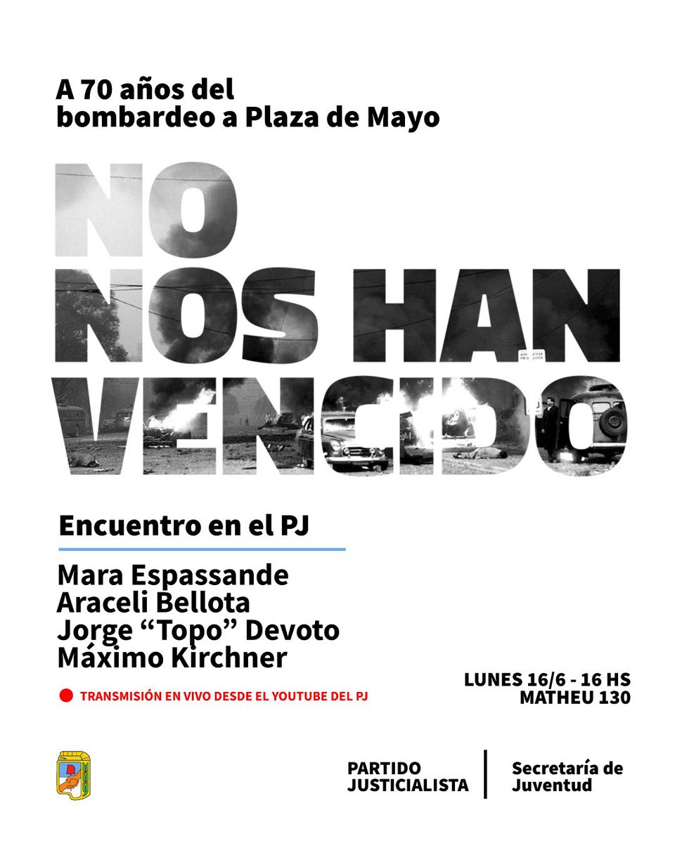 p_justicialista's tweet photo. Este lunes, a 70 años del bombardeo a Plaza de Mayo, nos encontramos a las 16 hs en la sede del Partido.

NO NOS HAN VENCIDO. https://t.co/JXVbK8mtkV