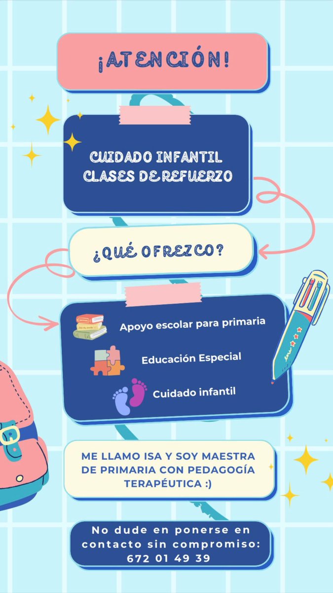 Me ofrezco para dar clases de refuerzo o cuidar de vuestros hijos. 📚
- El Ejido o alrededores📍
- Preguntadme sin compromiso📞