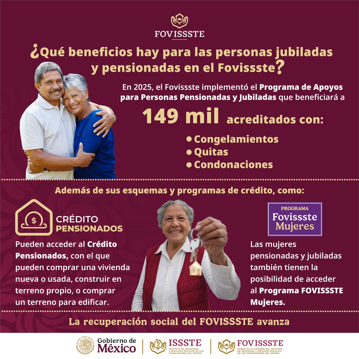 FOVISSSTEmx's tweet photo. #Fovissste lanzó su #ProgramaDeApoyos para 149 mil personas jubiladas y pensionadas:

✅ Congelamientos
✅ Quitas
✅ Condonaciones

📅 Revive el live #FovissstePlaticaContigo, para saber más.

🗣️ Con @jabnelym, Vocal Ejecutiva del #Fovissste
🔗https://t.co/XTf4mfHqml https://t.co/rRX2JAOJGE
