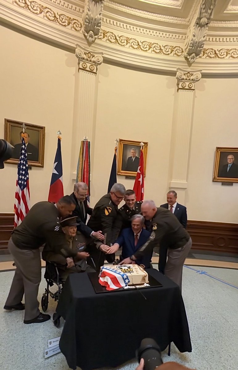 SenatorBirdwell's tweet image. The Army’s birthday is offical tomorrow, but today we celebrated it at the Capitol. WW2 Veteran who fought at Normandy, Buck Sloan, and is the oldest known veteran, was present at the event. I was a special honored guest for the ceremony along with Rep. Wilson and Gov. Abbott.…