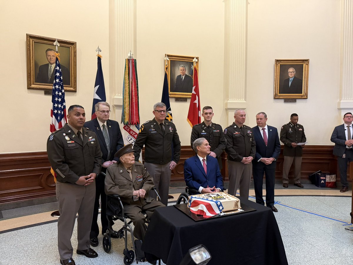 SenatorBirdwell's tweet image. The Army’s birthday is offical tomorrow, but today we celebrated it at the Capitol. WW2 Veteran who fought at Normandy, Buck Sloan, and is the oldest known veteran, was present at the event. I was a special honored guest for the ceremony along with Rep. Wilson and Gov. Abbott.…