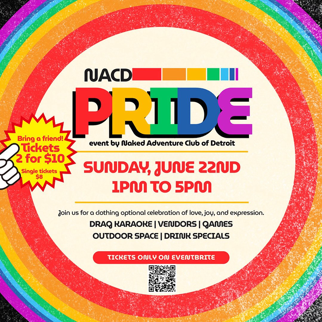 🎟️ Bring a friend, because naked friends are the best friends!
Get two tickets for NACD Pride for just $10 eventbrite.com/o/naked-advent…
#NACDPride #BodyPositive #motorcitypride #riverpridegr #ferndalepride #grandrapidspride #grpride #lansingpride  #gaynaturists #gaynaturist #getNACD