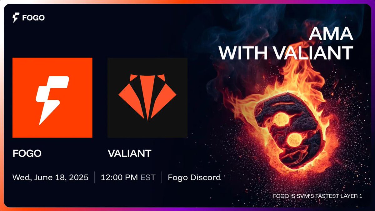 Want to learn more about Valiant?

Our Head of Marketing <a href="/scrappysignal/">Scrappy 🦡🔥</a> will be chatting with <a href="/thebookofjoey/">Jowe</a> and sharing more about what we're bringing to the Fogo Chain 🔥

Tune in to see how you can trade, earn, and launch, on Valiant 🦡

🗓️ June 18th, 12pm EST
📍 Fogo Discord