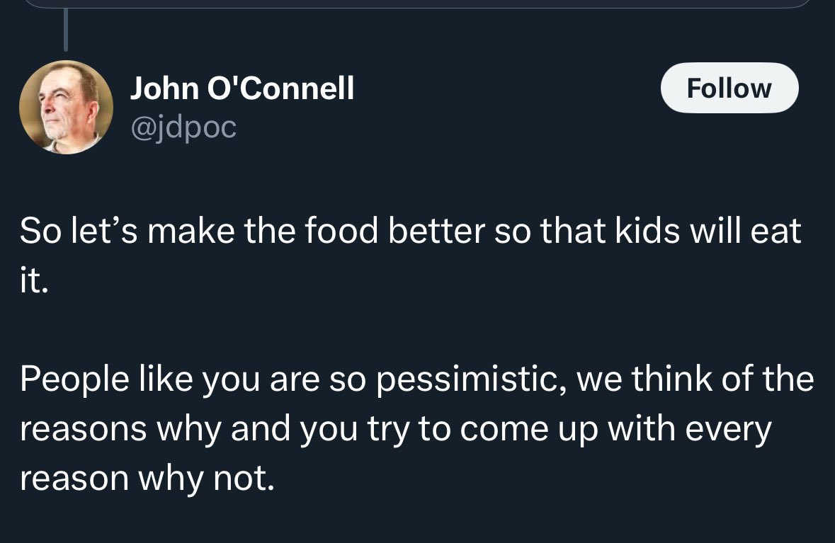 🐰Sir Lord Richie CBE, (alfalfa male)🐰 (@meldrewsghost) on Twitter photo Quick to judge but slow to comprehend.
I spend every day with kids eating. I think im qualified to judge.
The quality is not the problem.
Happy to discuss
<a href="/jdpoc/">John O'Connell</a> Quick to judge but slow to comprehend.
I spend every day with kids eating. I think im qualified to judge.
The quality is not the problem.
Happy to discuss
<a href="/jdpoc/">John O'Connell</a>