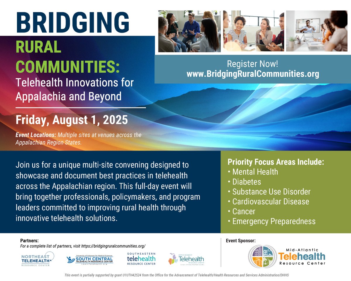 📣 Rural changemakers, this is for you!

🗓 Register for #BridgingRuralCommunities (Aug 1, 2025)
🎤 Nominate a presenter with a powerful telehealth story
Join us across Appalachia ➡️ BridgingRuralCommunities.org
#Telehealth #Appalachia #RuralHealth