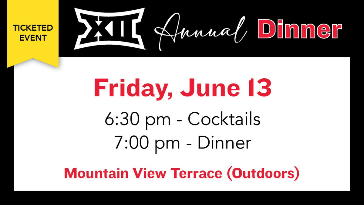The Big 12 Team Physicians 2025 Annual Dinner will be starting in 1 hour with cocktails on the Mountain View Terrace. 

Don't forget to bring your ticket!

#Big12Docs25 #Big12Docs #Big12TeamPhysicians