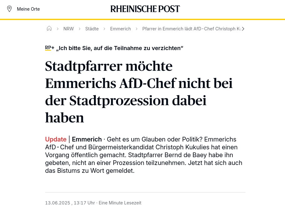Jetzt gilt der Ausschluss von #AfD-Mitgliedern nicht nur für Ämter in der katholischen Kirche, sondern auch für Prozessionen und Messen.
Gott nimmt jedoch alle Sünder zu sich auf, auch den Stadtpfarrer von Emmerich (NRW, Bistum Münster).
