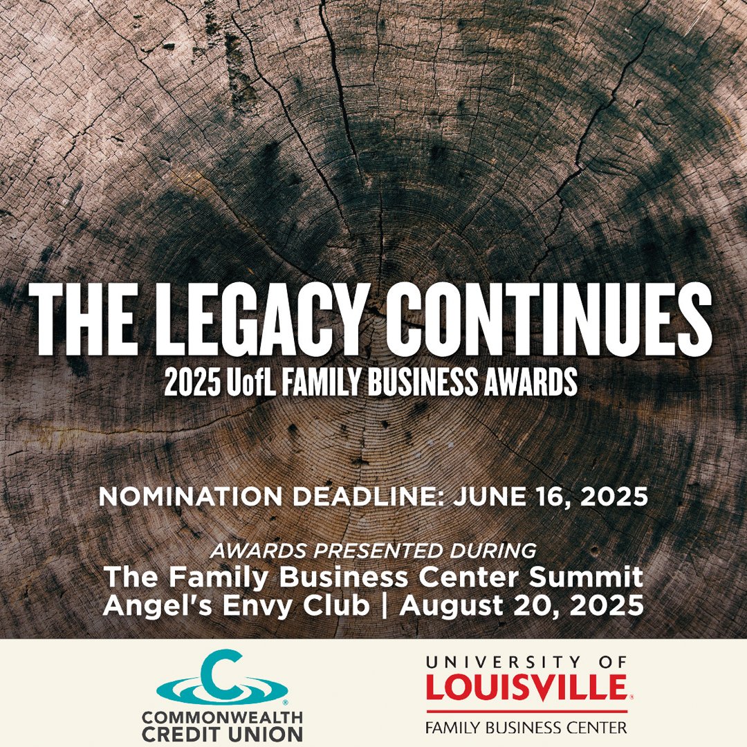 Do you know of a family business or family business leader that deserves recognition for the impact they make on the Louisville community? Nominate them for the 2025 UofL Family Business Center Awards by June 16. bit.ly/4jJ6QWJ 

#UofL #UofLBiz #GoCards #FamilyBusiness