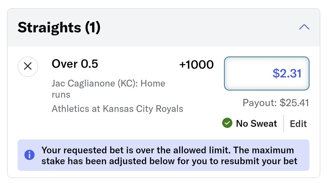 BetsandWeights's tweet image. So @BetMGM gave me 400 reward points for my birthday today and I cashed them in for a $5 No Sweat bet to use on my hometown Royal Jac Caglianone to get his first MLB homerun tonight and I can't even use the whole $5. Really? What kind of bs is this on my birthday?