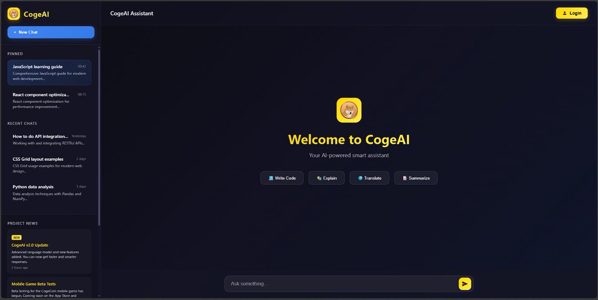 🌍 For Everyone, In Every Language! 💬🤖

The brand-new AI chat assistant built for the Cogecoin community is coming soon!

🔓 Supports all languages!
Whether it’s Japanese, Turkish, English, — our AI understands and responds to you.

💸 NO PREMIUM FEES!
🪙 Just hold Cogecoin in