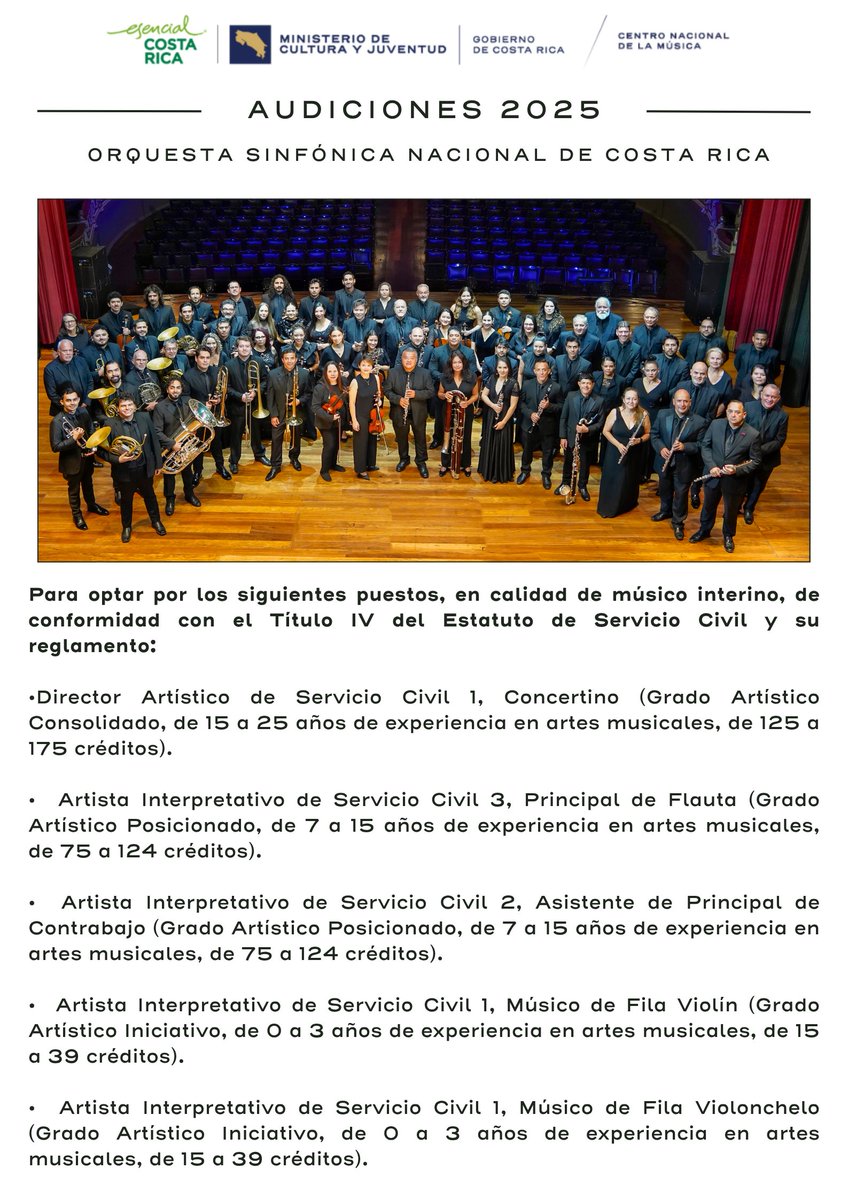 𝐋𝗮 𝗢𝗿𝗾𝘂𝗲𝘀𝘁𝗮 𝗦𝗶𝗻𝗳𝗼́𝗻𝗶𝗰𝗮 𝗡𝗮𝗰𝗶𝗼𝗻𝗮𝗹 𝗰𝗼𝗻𝘃𝗼𝗰𝗮 𝗮 𝗮𝘂𝗱𝗶𝗰𝗶𝗼𝗻𝗲𝘀 𝗽𝗮𝗿𝗮 𝗰𝗼𝗻𝗰𝗲𝗿𝘁𝗶𝗻𝗼, 𝗳𝗹𝗮𝘂𝘁𝗮 𝗽𝗿𝗶𝗻𝗰𝗶𝗽𝗮𝗹, 𝗮𝘀𝗶𝘀𝘁𝗲𝗻𝘁𝗲 𝗱𝗲 𝗰𝗼𝗻𝘁𝗿𝗮𝗯𝗮𝗷𝗼, 𝘃𝗶𝗼𝗹𝗶́𝗻 𝘆 𝘃𝗶𝗼𝗹𝗼𝗻𝗰𝗵𝗲𝗹𝗼‧
cnm.go.cr/audicionesosn2…