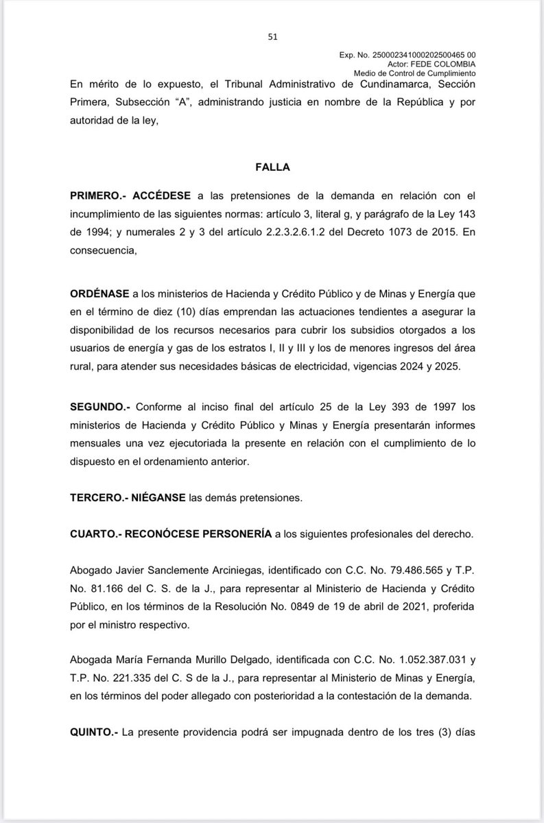 #ATENCIÓN. Tribunal Administrativo de Cundinamarca, ORDENA a los ministerios de Hacienda y Crédito Público y de Minas y Energía que en el término de diez (10) días emprendan las actuaciones tendientes a asegurar la disponibilidad de los recursos necesarios para cubrir los