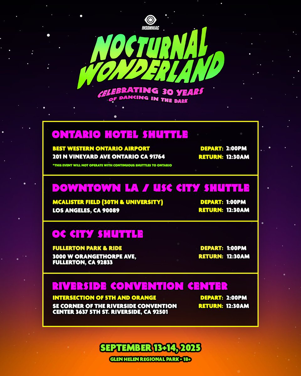Need a ride to Nocturnal? 🚌 Your Shuttle Map &amp; Schedule are live! 💫 City Shuttles offer round-trip service from all over SoCal straight to Nocturnal Wonderland. Book now at nocturnalwonderland.com/travel