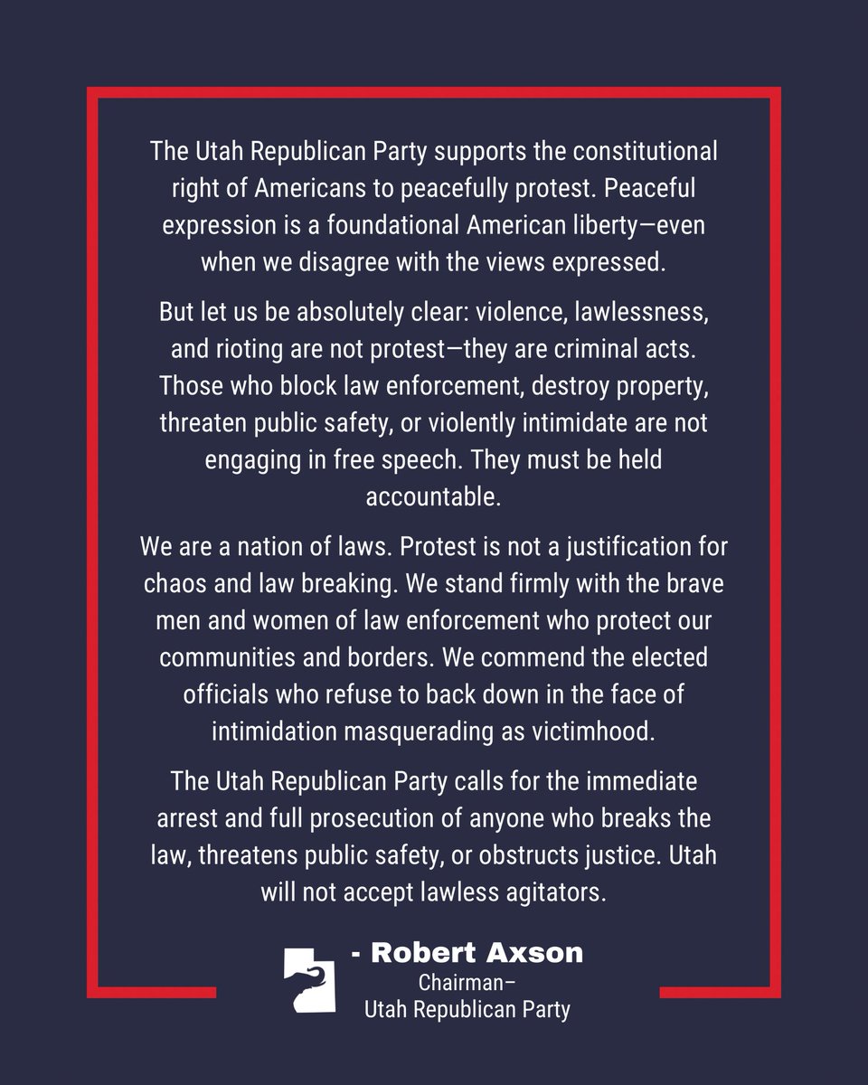 UtahGOP's tweet image. The Utah GOP supports peaceful protest—but violence, lawlessness & rioting are not free speech. We are a nation of laws. We stand with law enforcement & leaders who won’t cower to radical mobs who obstruct justice. Arrest and prosecute those who break the law.
#UTPOL #UTGOP