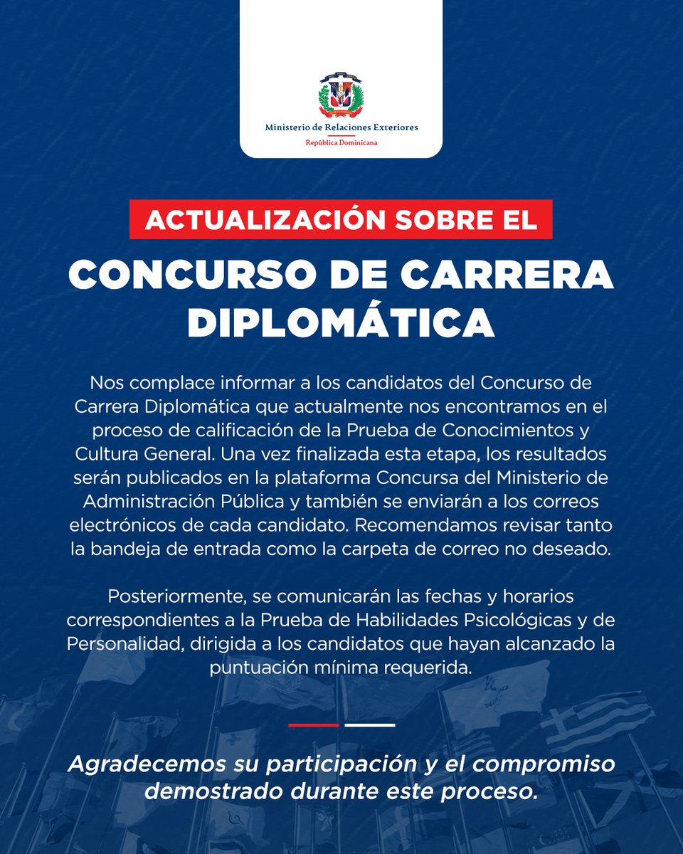 Actualización del Concurso de Carrera Diplomática‼️

Nos complace informar a los candidatos del Concurso de Carrera Diplomática que actualmente nos encontramos en el proceso de calificación de la Prueba de Conocimientos y Cultura General.

Los resultados serán publicados en la