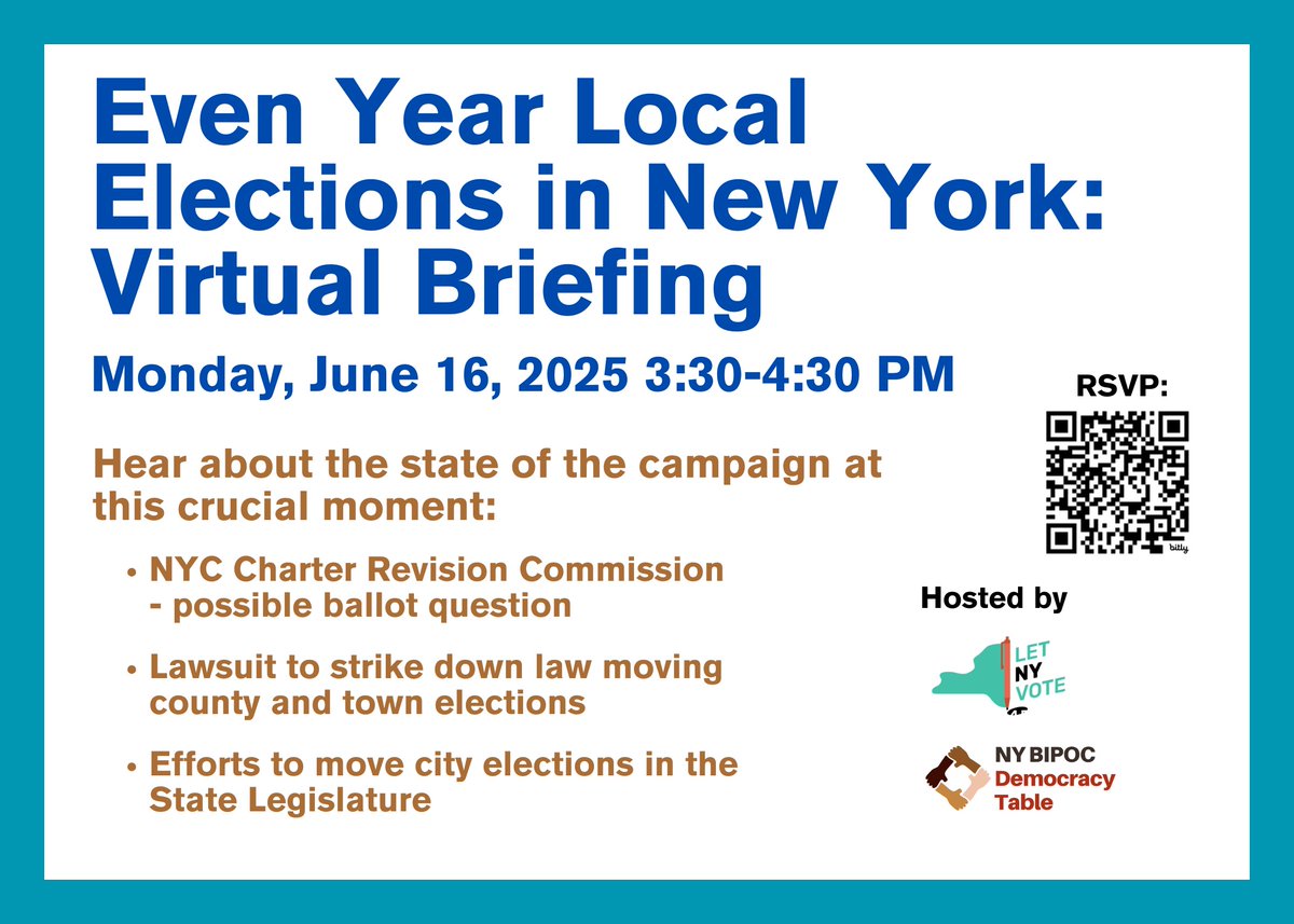 You're invited! This is a crucial time for the campaign to move NYC elections to even-numbered years.
Join @LetNYVote, the NY BIPOC Democracy Table &amp; experts (including CU’s Ben Weinberg) for a virtual briefing on the latest legal + policy updates
🗓️ Mon, June 16 | 3:30–4:30PM