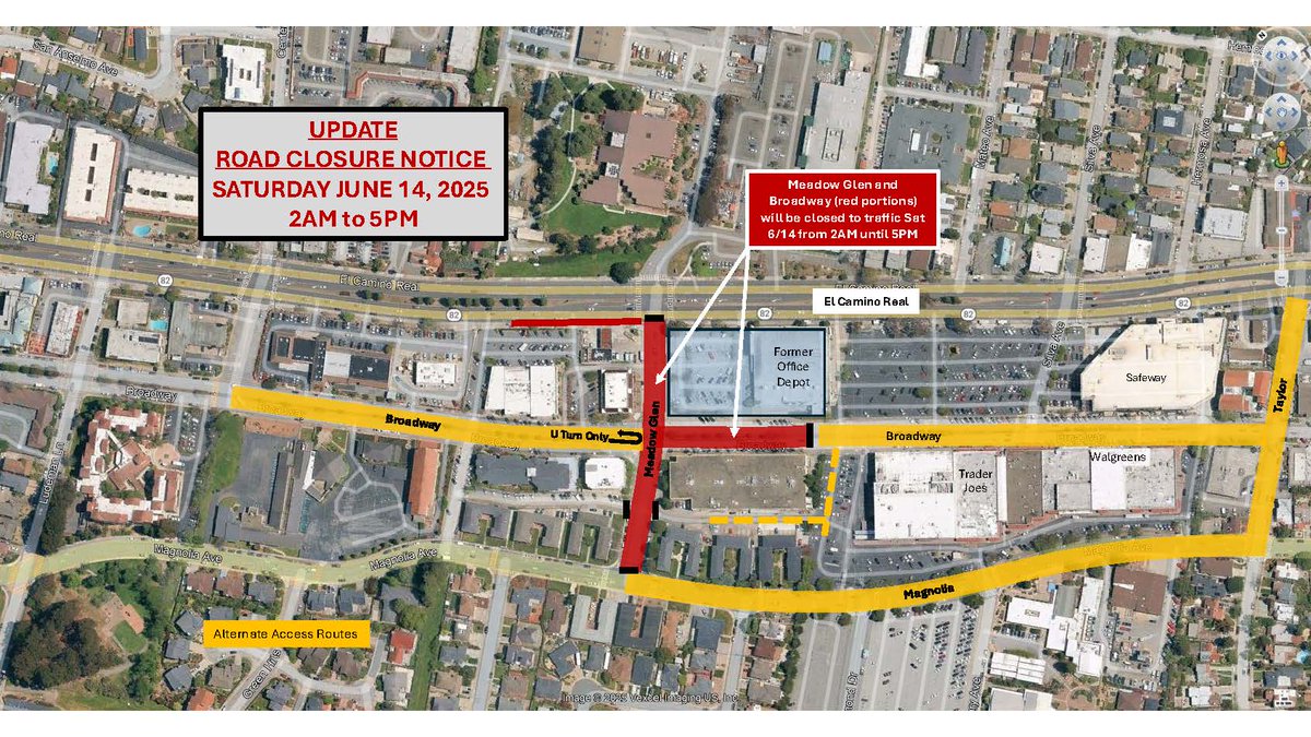 Upcoming Road Closure: 

Tomorrow, June 14, 2025, from 2:00 a.m. to 5:00 p.m., Meadow Glen and portions of Broadway will be closed (identified by the red portions on the map). 

Please use alternative routes and expect delays. 

Questions or requests for additional information in