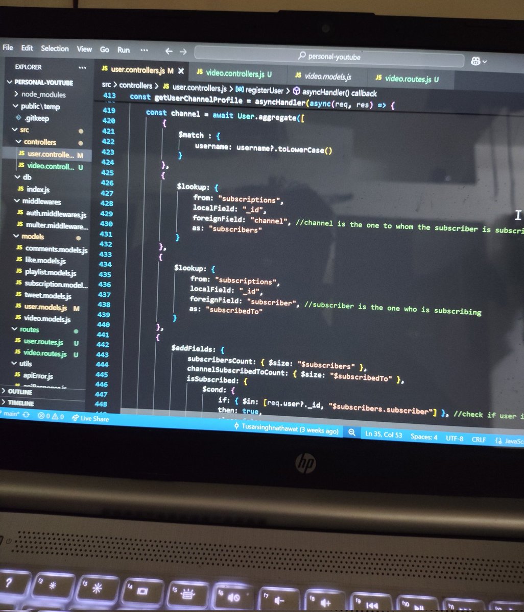 tusharsinghtwt's tweet image. First time implemented mongoDB aggregation pipeline in actual code.
Sub-pipeline is a bit confusing for me.
Still a lot to learn...
Credits to @Hiteshdotcom
For teaching so well.
#chaiaurbackend
