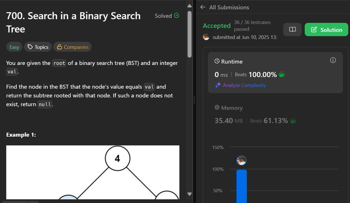 Nik_Coding10's tweet image. ๐ On my #DSA journey, tackled BSTs today!
โ
LeetCode 700 โ Iterative search, clean pass.
โ
LeetCode 701 โ Minor tweak, accepted!
Balancing college & code daily. Loop > Recursion? ๐ค๐
#100DaysOfCode #BinarySearchTree #TechTwitter #CodeNewbie