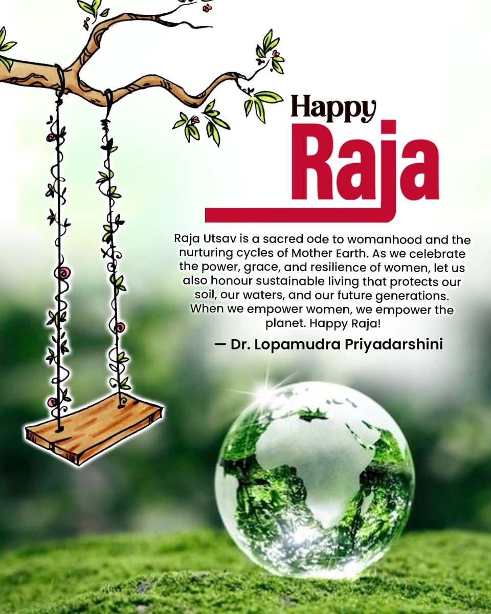 Celebrating Raja Utsav — a tribute to womanhood &amp; Mother Earth.
Let’s honor feminine energy, nature’s rhythm &amp; the strength within every woman.
Empower women, protect Earth, secure our future.
— Dr. Lopamudra Priyadarshini
#RajaUtsav #Womanhood #Sustainability
