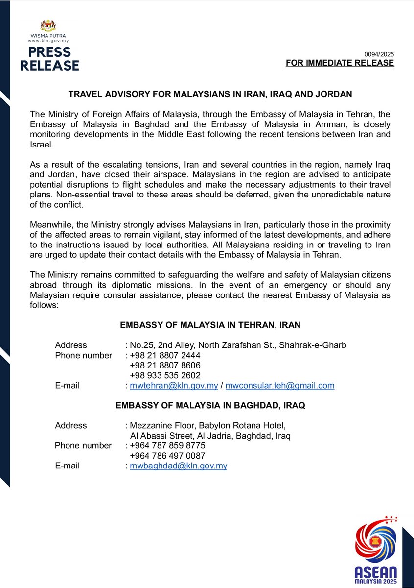 MalaysiaMFA's tweet image. PRESS RELEASE: TRAVEL ADVISORY FOR MALAYSIANS IN IRAN, IRAQ AND JORDAN