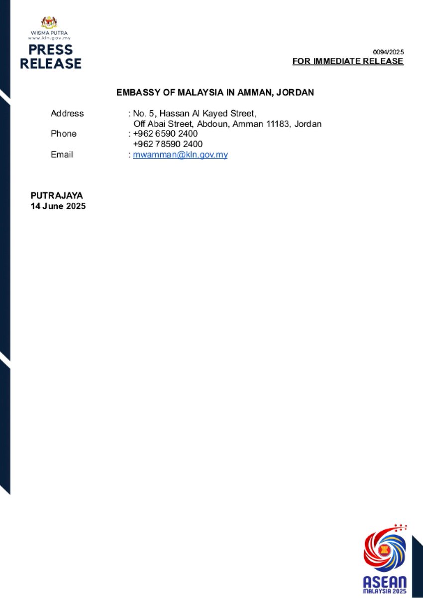 MalaysiaMFA's tweet image. PRESS RELEASE: TRAVEL ADVISORY FOR MALAYSIANS IN IRAN, IRAQ AND JORDAN