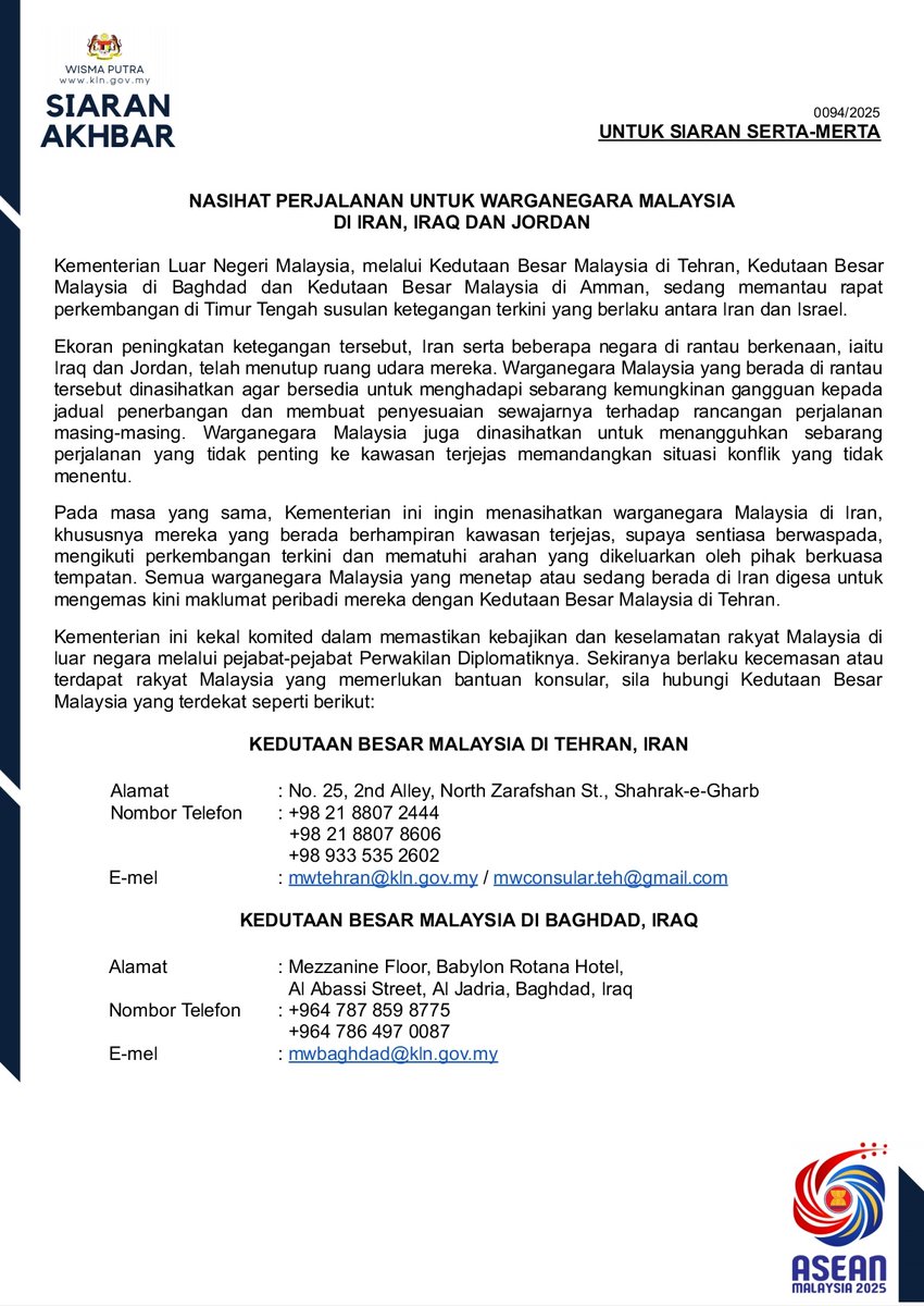 MalaysiaMFA's tweet image. PRESS RELEASE: TRAVEL ADVISORY FOR MALAYSIANS IN IRAN, IRAQ AND JORDAN