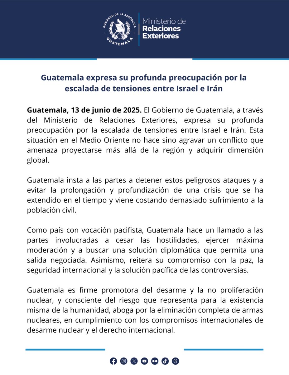 MinexGt's tweet photo. Guatemala expresa su profunda preocupación por la escalada de tensiones entre Israel e Irán.

#Comunicado 🔗 https://t.co/x3VjATDUFN