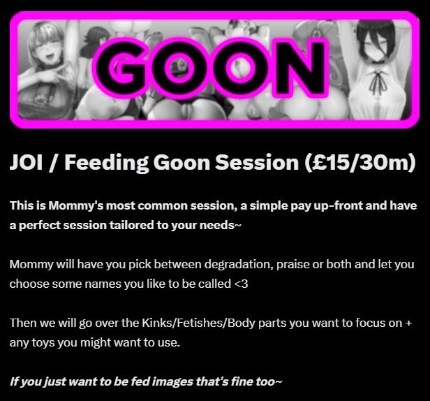 muskymummy's tweet photo. Leaving this here as a temp pinned 💕

Goon / Feeding sessions - £15/30m
(+£5 for toy control)

Dickrates 1-10 + 4 paragraphs - £5

Findom session with drains - negotiable 💋

#cockrate #cock #dick #rate #session #2dfd #mommydom #musk https://t.co/c1jPvYcjVI