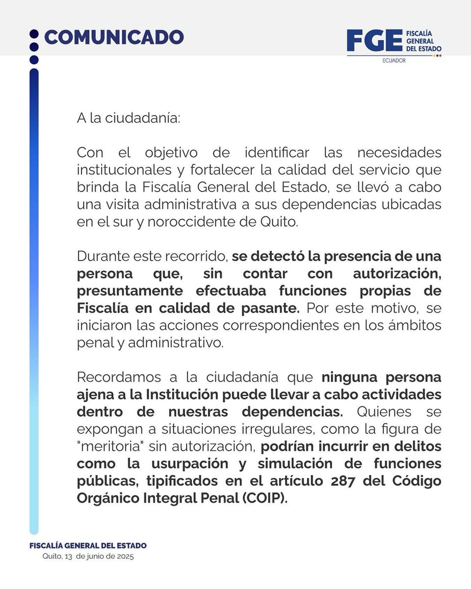 😱🔴 #ATENCIÓN | FALSA PASANTE EN <a href="/FiscaliaEcuador/">Fiscalía Ecuador</a>
Una supuesta pasante fue identificada realizando funciones dentro de la Fiscalía sin autorización institucional en las dependencias del sur y noroccidente de Quito; se “iniciaron acciones penales y administrativas” en su contra.