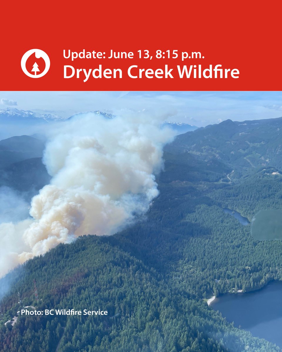 Squamishtown's tweet image. The Dryden Creek Wildfire remained stable and did not grow today with cool, cloudy conditions supporting less intense fire behaviour. More info squamish.ca/dryden