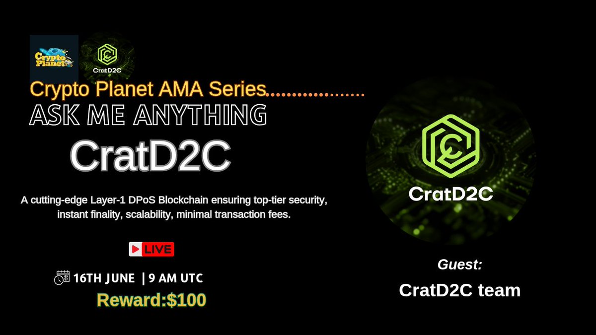 NetworkExpress5's tweet image. 📢 We&apos;re thrilled to announce our next #BinanceLive #AMA with &quot;CratD2C&quot; on 16th June at 9:00 AM UTC

🏦Venue:binance.com/en/live/u/4326…
🏆 Reward:100$ USDT

〽️ Rules:
1️⃣. Follow
@CryptoPlanetoo
&amp;amp; 
@CratD2C

2️⃣. Like Retweet &amp;amp; Comment Your Questions (8 Questions Max) Tag 2 friends.