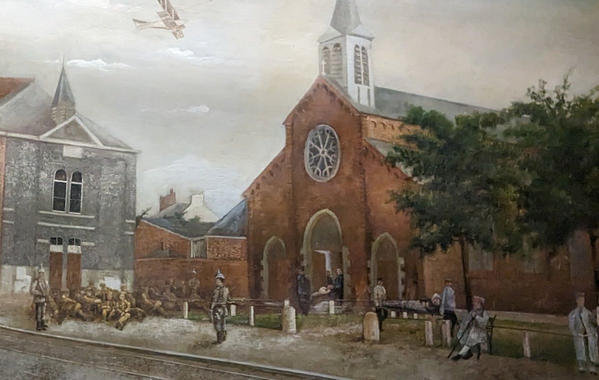 Details from paintings in the Mons Memorial Museum, depicting German casualties being tended by civilians on the afternoon of 23 August 1914, and the Church of St Martin being used by Feldlazarrett Nr. 3 IX Armee-Korps on 24 August, with British prisoners of war under escort.