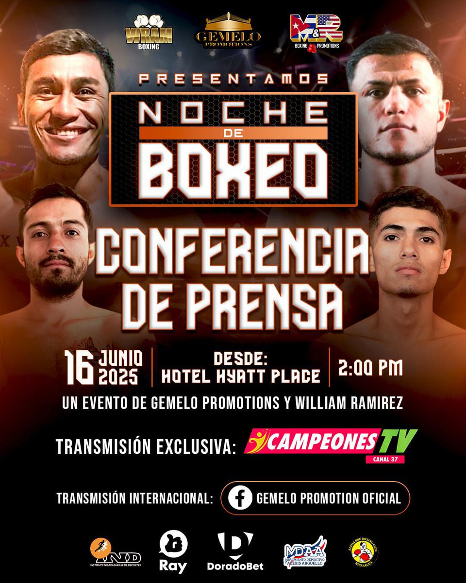 🥊 ¡Se enciende la emoción del ring!

Este lunes 16 de junio, conoce todos los detalles en la Conferencia de Prensa de  "Noche de Boxeo" desde el Hotel Hyatt Place a las 2 PM.

📺 Transmisión exclusiva por CampeonesTV. 

¡No te lo perdás!