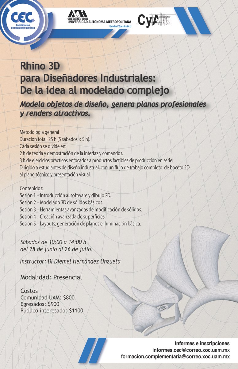 uamxoficial's tweet image. 🦏 ¿Diseñas?
Este curso de Rhino 3D te lleva de la idea al modelado complejo. ✍️
¡Presencial y sabatino!

📆 Consulta horarios
📍 Presencial

📩 formacion.complementaria@correo.xoc.uam.mx
🔗 xoc.uam.mx/events/curso-r…

#Rhino3D
#DiseñoIndustrial
#UAMX
🐾