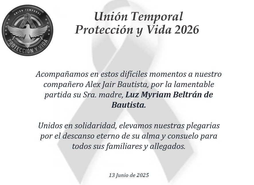 Elevamos nuestras oraciones por el eterno descanso de la Sra. Luz Myriam Beltrán de Bautista, Q.E.P.D., madre de nuestro compañero Alex Bautista Beltrán. Acompañamos a sus seres amados por el dolor que causa su partida.