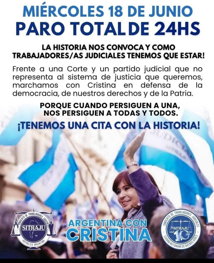"Tenemos que estar": los Judiciales también convocaron a un paro con movilización a Comodoro Py el miércoles para acompañar a CFK