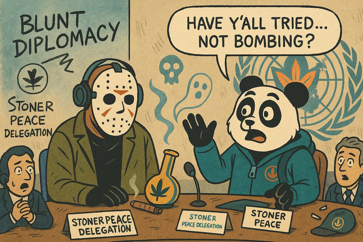 weedcoinOG's tweet photo. 🧠 When Jason and Haze are the calm ones at the U.N.
…you know the world’s wildin.
💬 “Have y’all tried… not bombing?”
📢 Stoner Peace Delegation is in session.
🔥 #WeedcoinFriday just got geopolitical
🔁 Repost this if you believe in Blunt Diplomacy
#MemeShift #CryptoHumor #PeaceMemes #FridayThe13th #Camp420 #Web3Voices