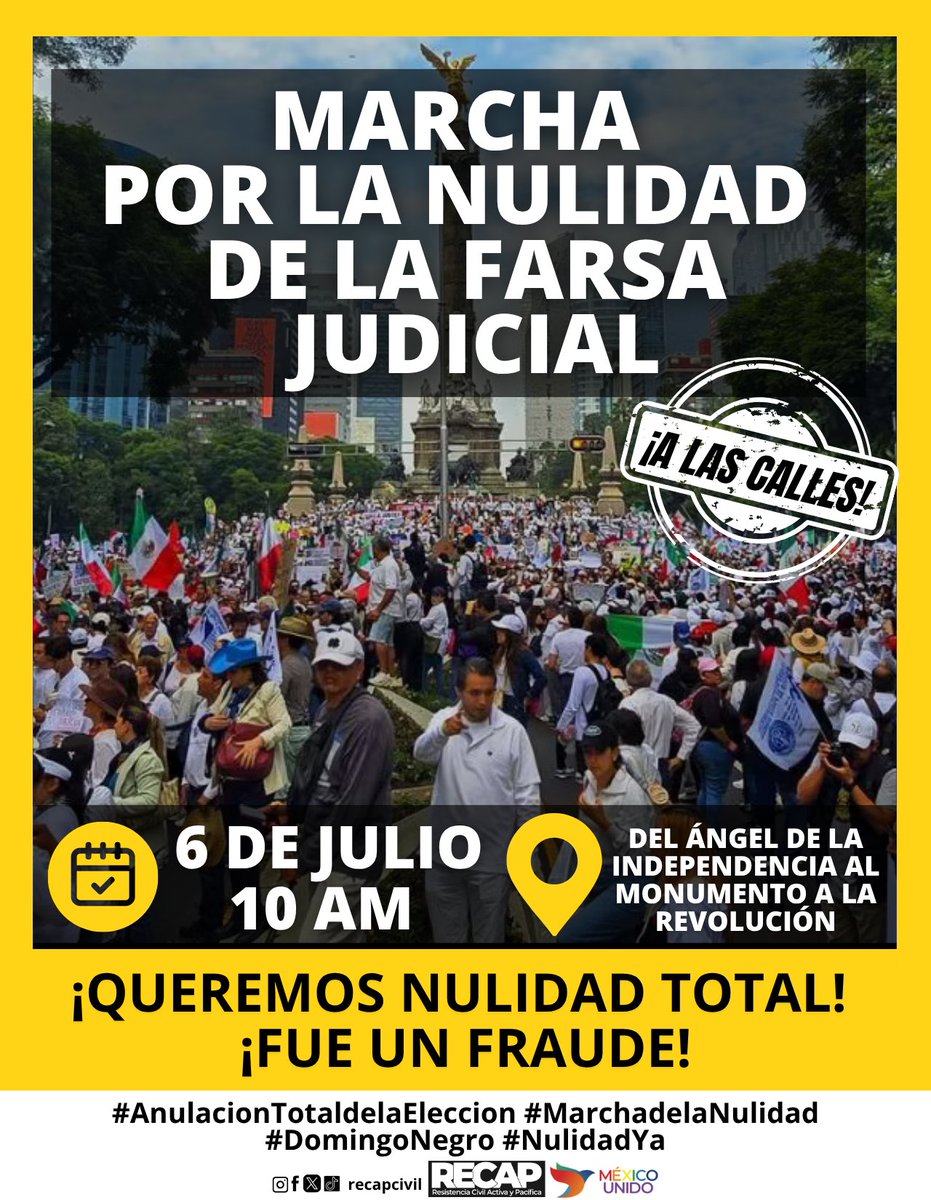 Los procedimientos legales y presión pública son esenciales para exigir la nulidad de la elección judicial. La marcha del 6 de julio es la presión que las autoridades no podrán ignorar.  #AnulacionTotaldelaEleccion #MarchadelaNulidad #DomingoNegro #NulidadYa