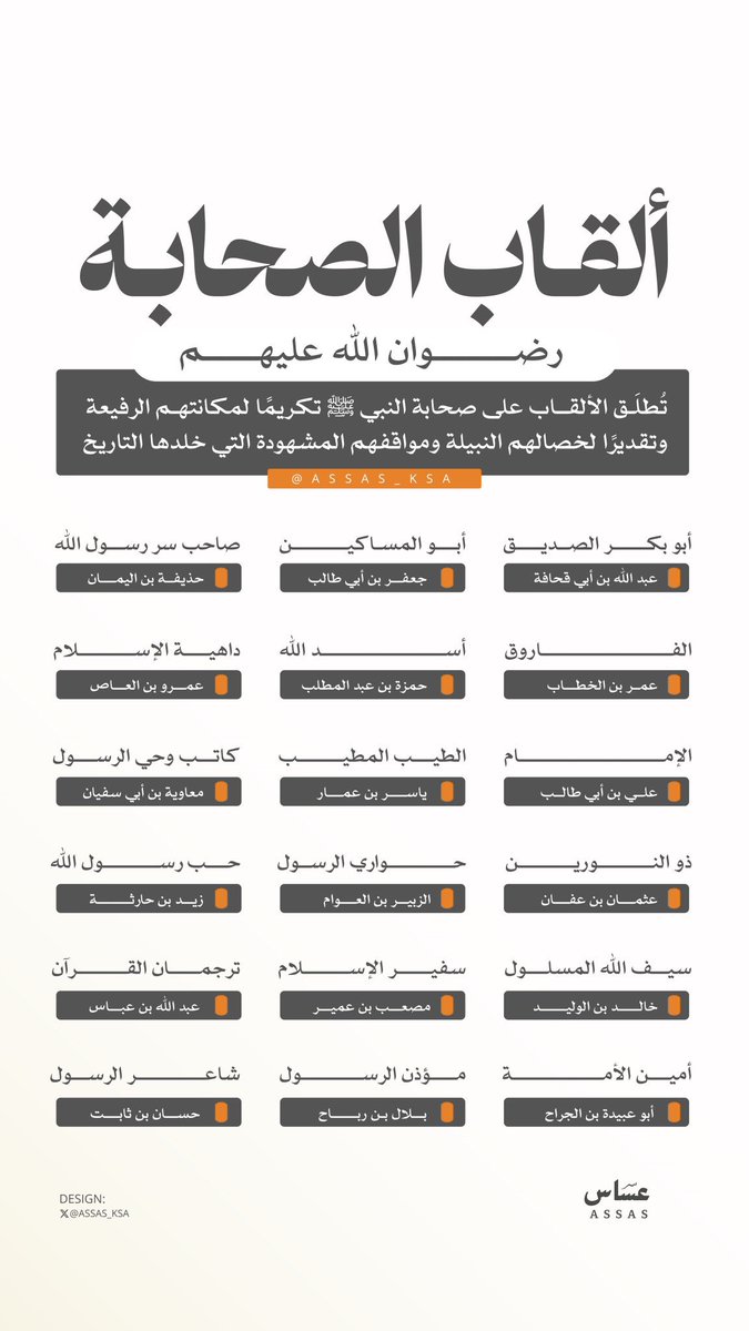 995's tweet photo. تُطلَق الألقاب على صحابة النبي ﷺ تكريمًا لمكانتهم الرفيعة، وتقديرًا لخصالهم النبيلة ومواقفهم المشهودة التي خلدها التاريخ.

@assas_ksa 

 #الحرب_بدات_الان https://t.co/gBuPYMlUkz